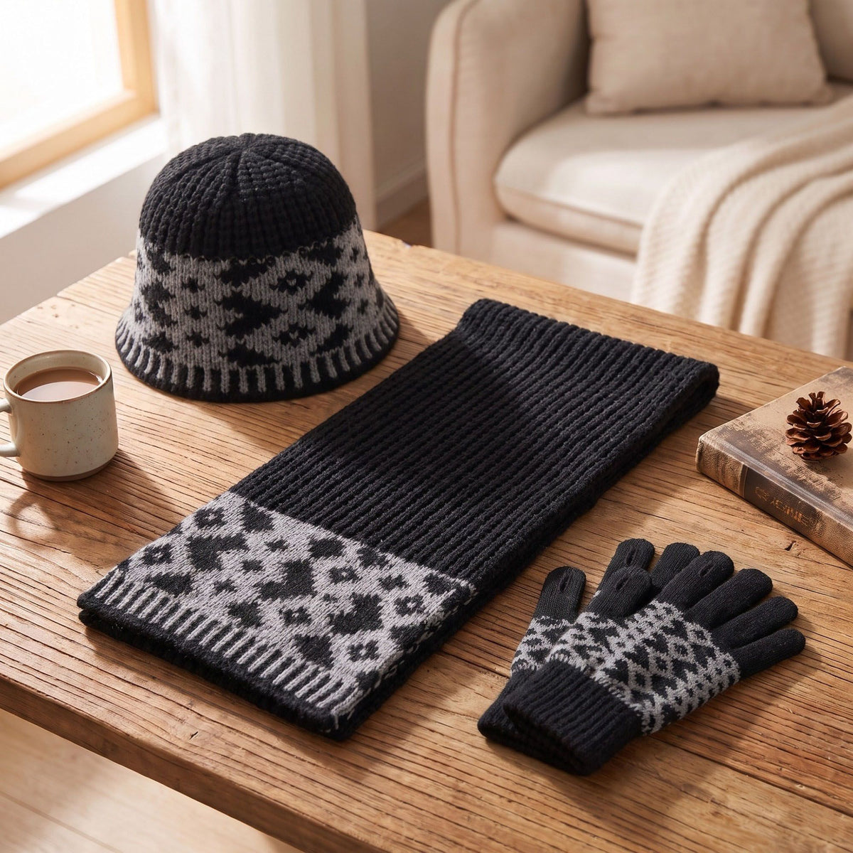 3 Piece Knit Winter Hat Scarf and Gloves Set with Geometric Pattern