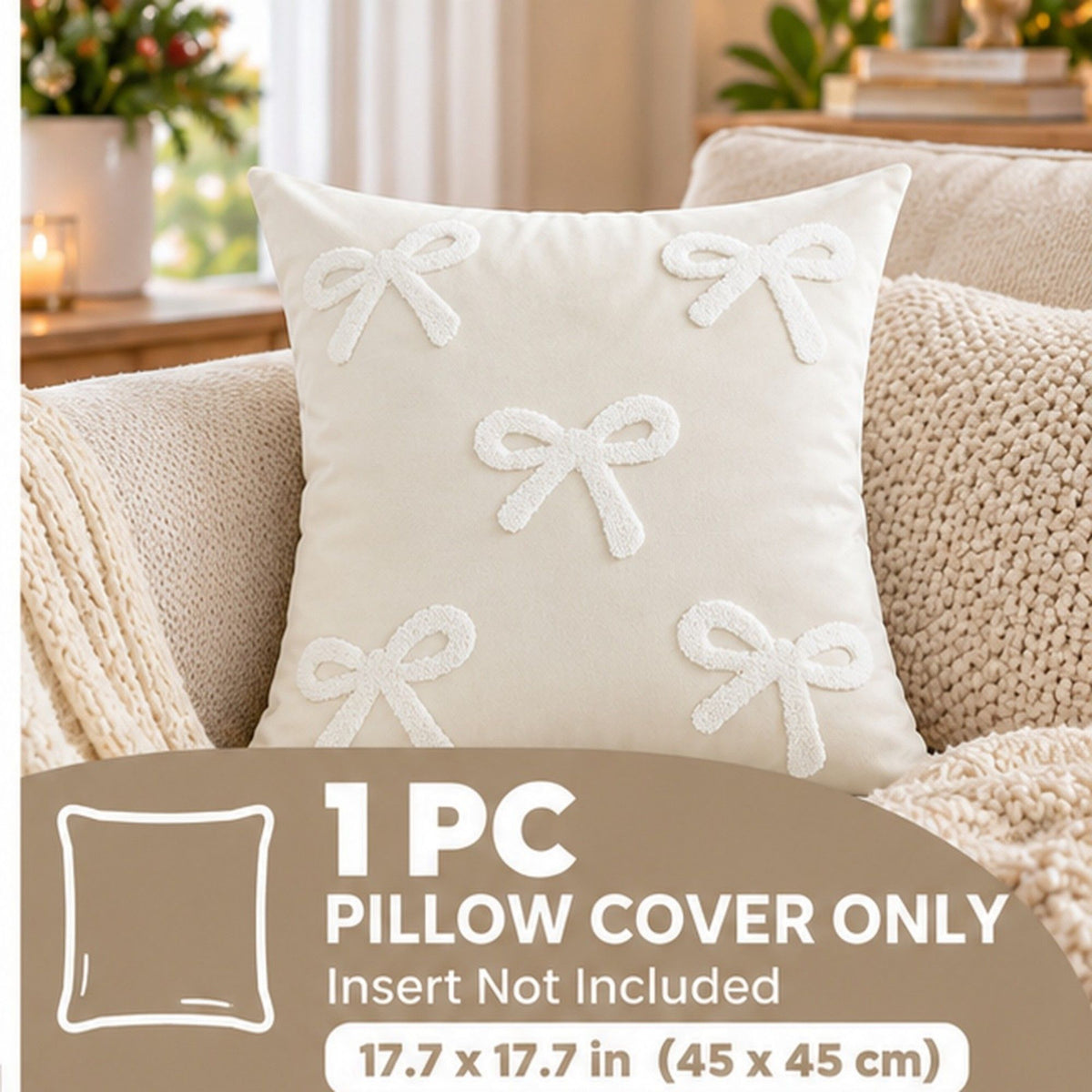 1 Piece Decorative Bow Throw Pillow Cover Soft Velvet Christmas Accent 18 x 18 Inch