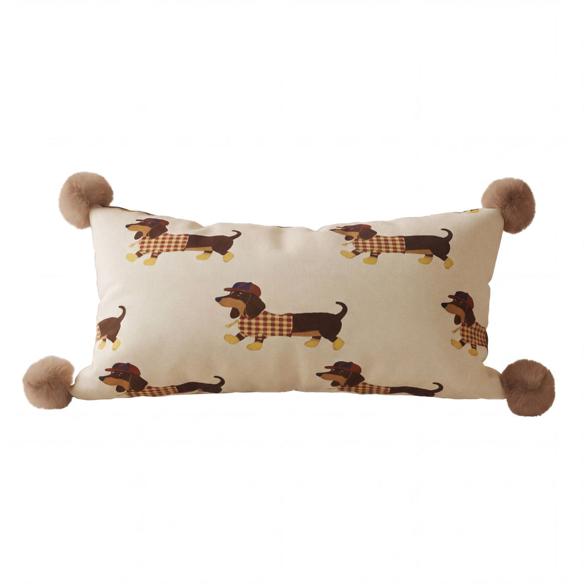 Dachshund Dog Print Decorative Throw Pillow Cover with Pom Pom Corners and Hidden Zipper