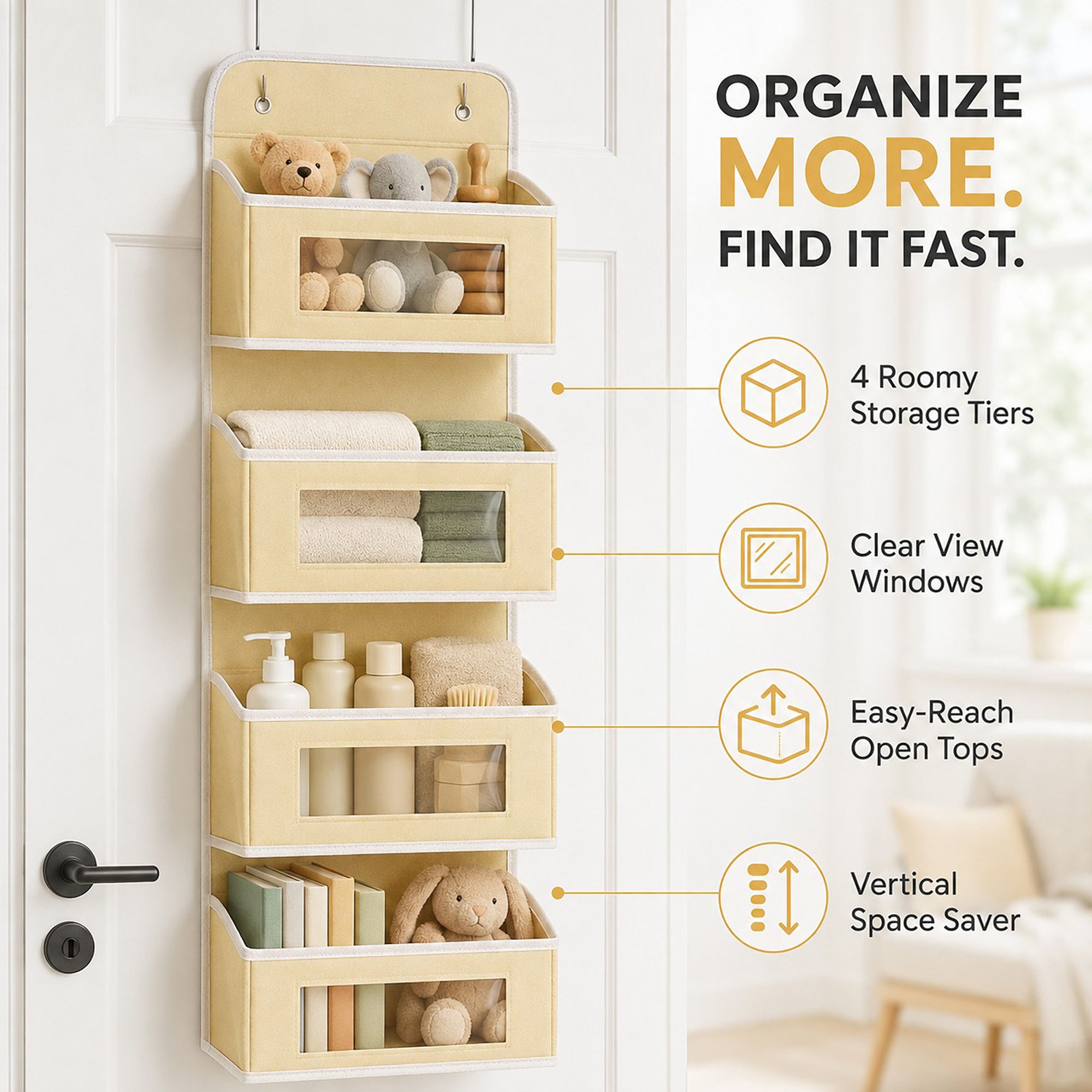 4 Tier Hanging Storage Organizer with Clear Window Pockets for Door Wall or Closet