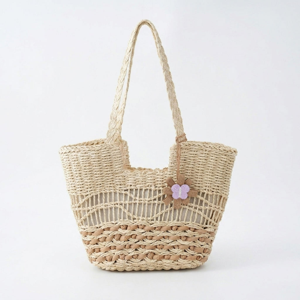 Woven Look Straw Tote Bag with Braided Handles and Charm Detail
