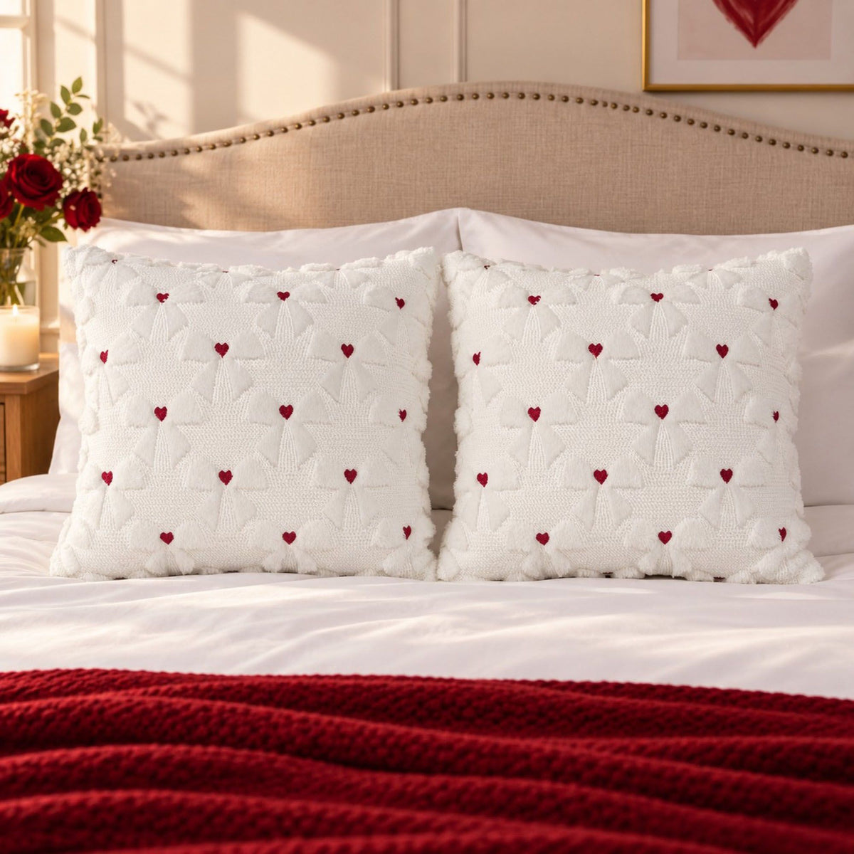 2 Pack Tufted Bow Heart Decorative Throw Pillow Covers Soft Textured Cushion Covers