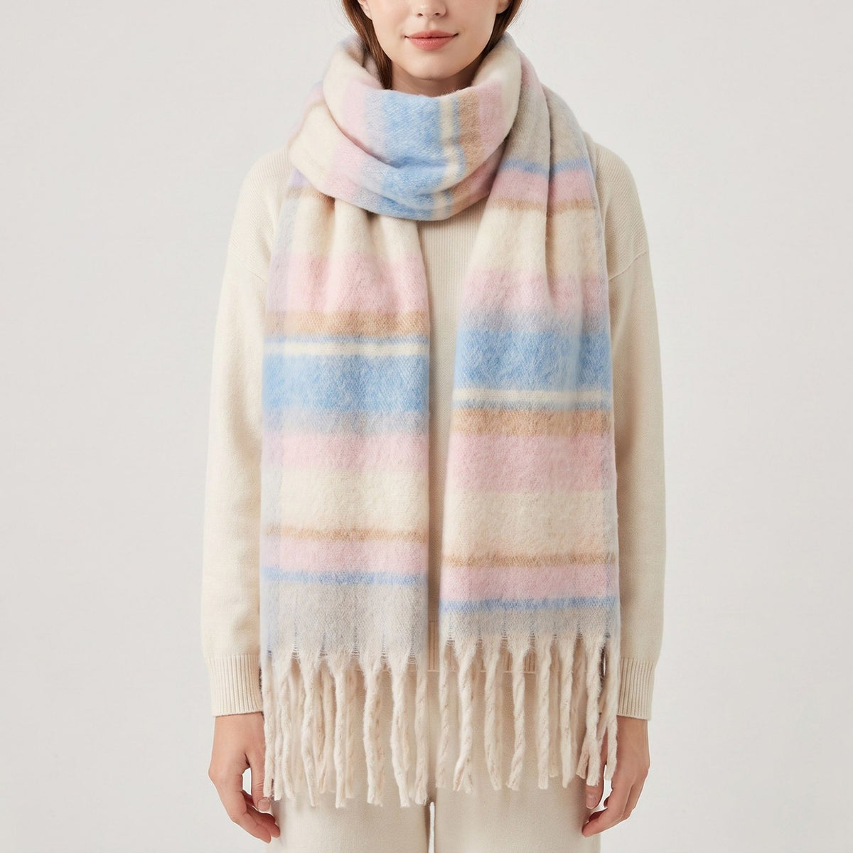 Oversized Plaid Scarf with Fringe Soft Brushed Winter Wrap