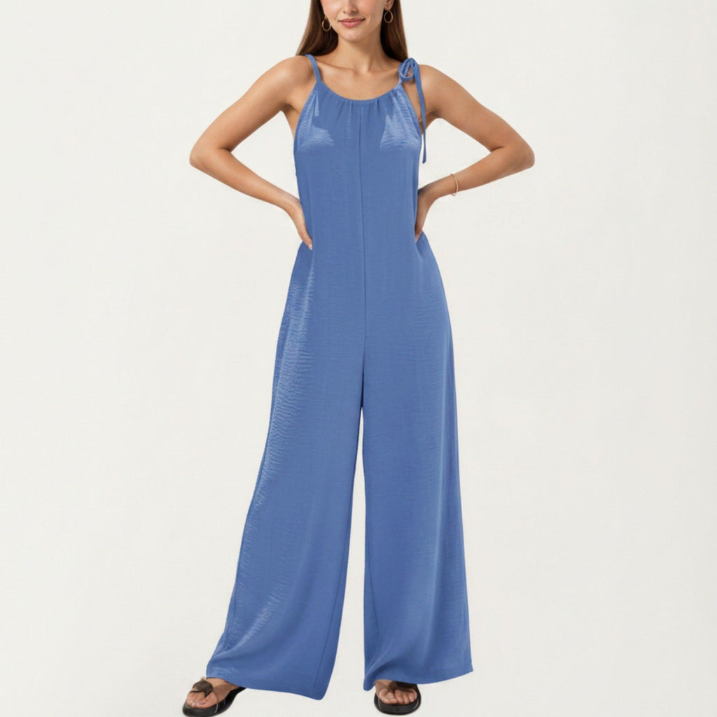 Anna-Kaci Women's Tie Strap Wide Leg Jumpsuit with Soft Satin Finish