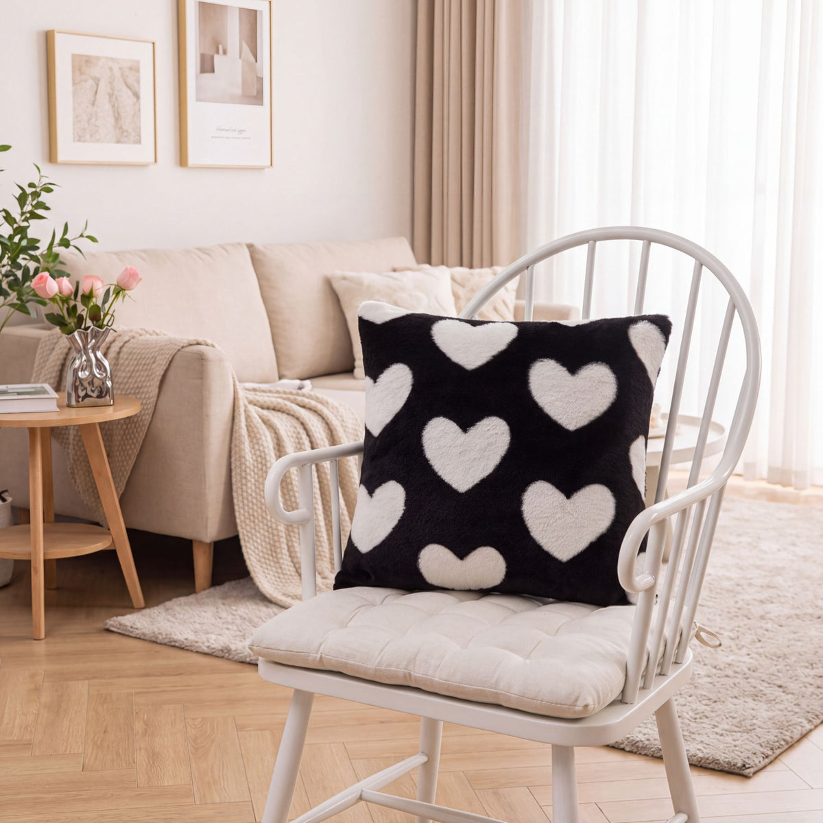 Pink Heart Plush Throw Pillow Cover Decorative Square Cushion Cover for Sofa Couch Bed