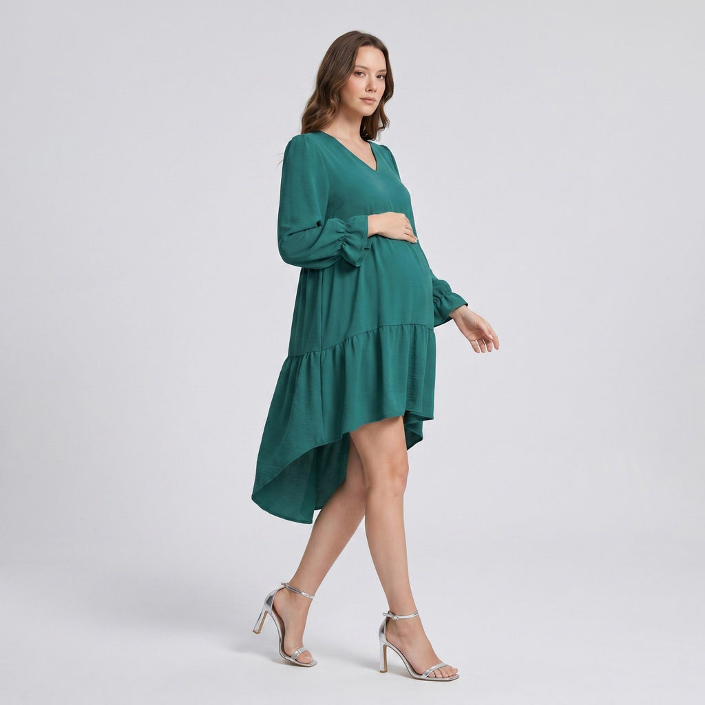 Anna-Kaci Women's Maternity V Neck High Low Mini Dress with Long Sleeves and Tiered Hem