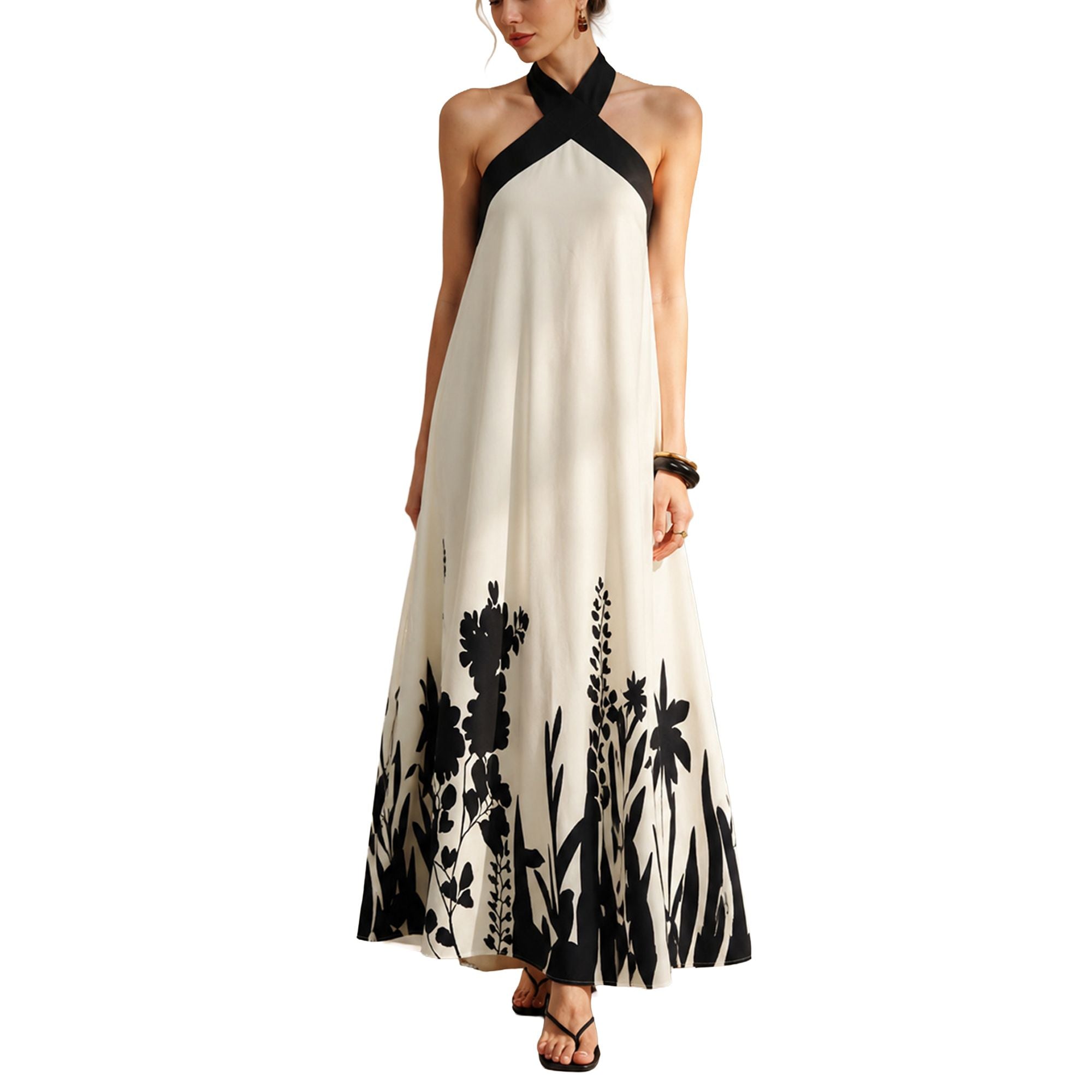 Halter Neck Maxi Dress with Crisscross Straps Open Back Tie Waist Botanical Border Print and A Line Skirt
