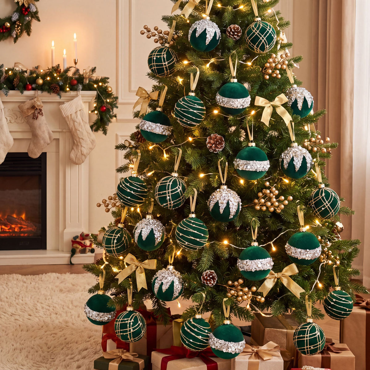 12ct Flocked Christmas Ball Ornament Set with Glitter Beaded Holiday Tree Decorations