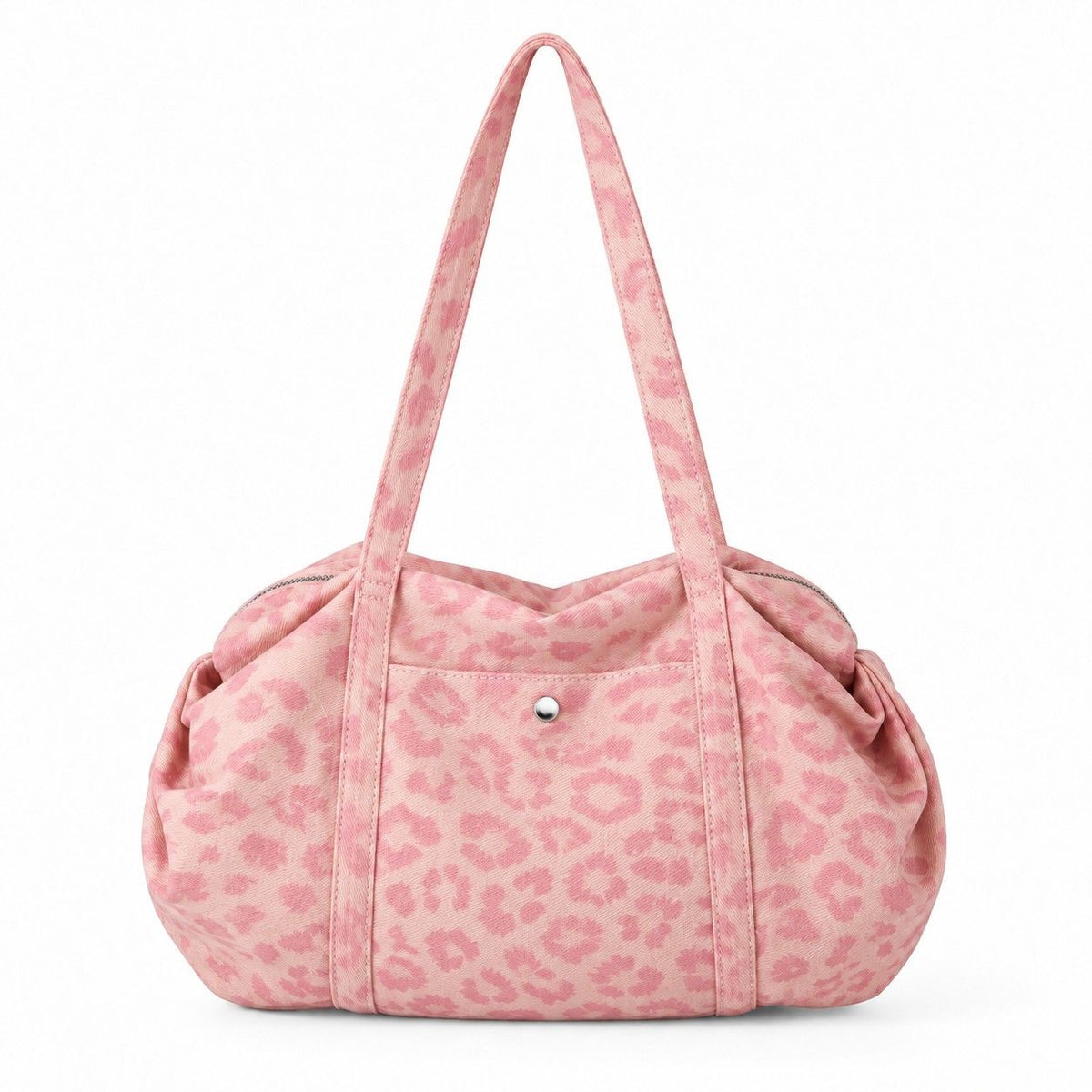 Leopard Print Barrel Shoulder Bag with Zip Closure and Interior Pockets