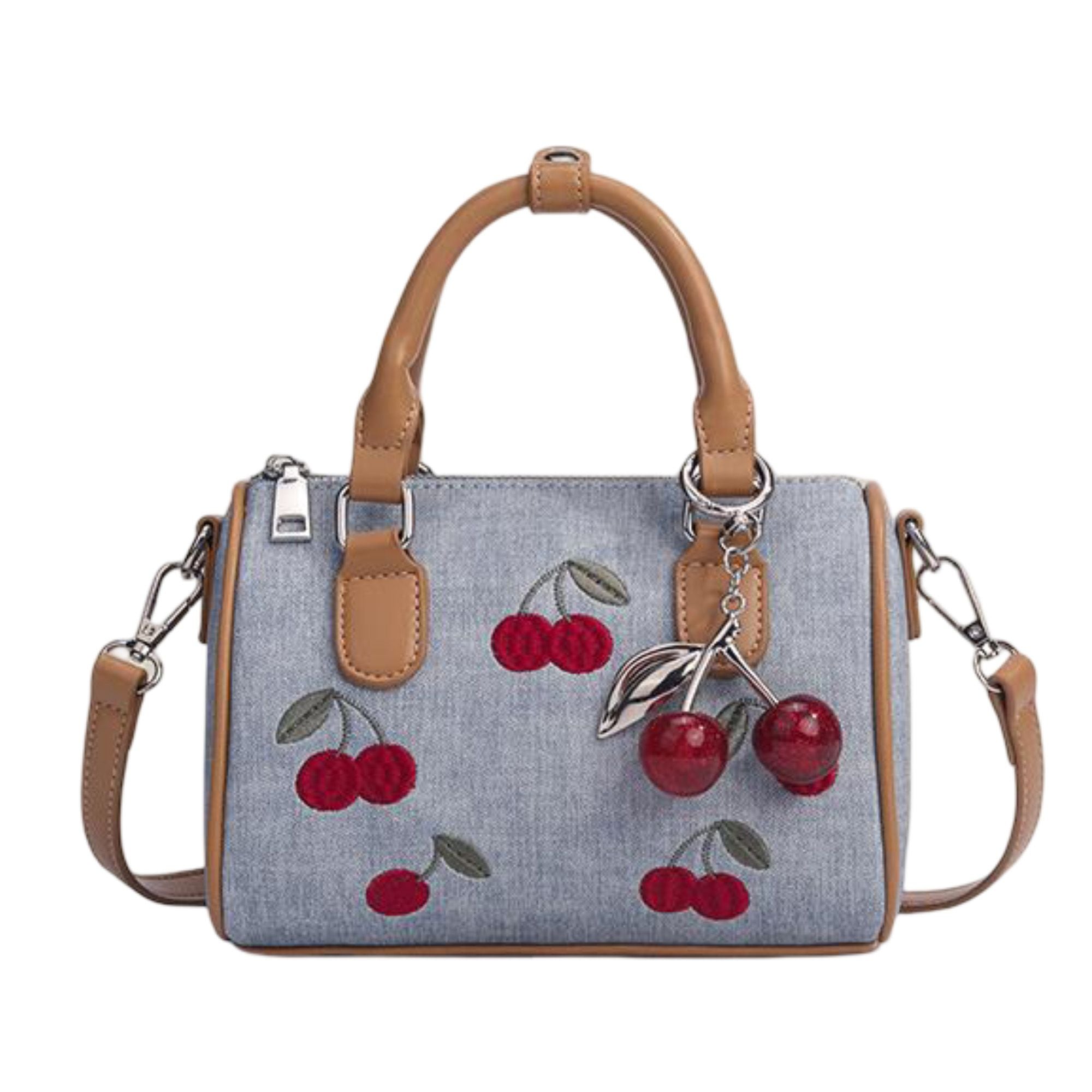 Denim Cherry Boston Handbag with Top Handles