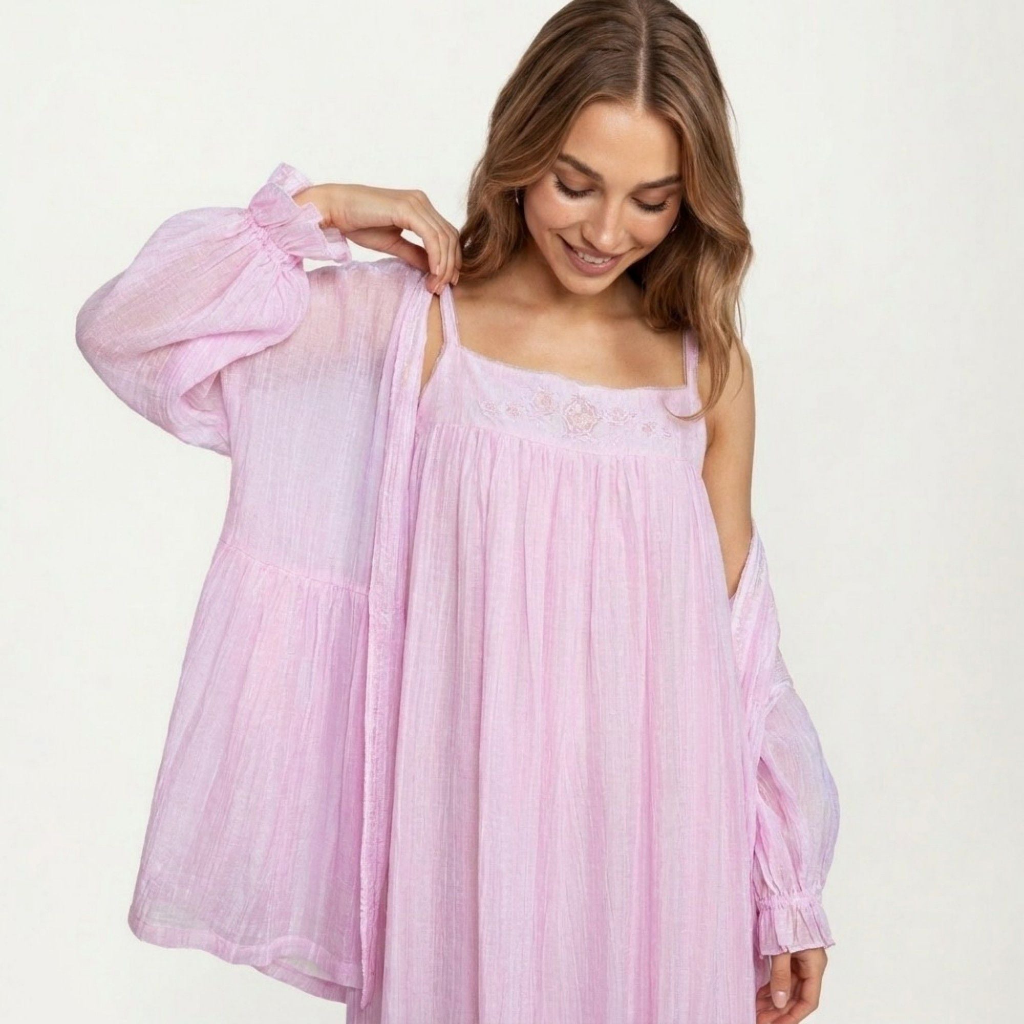 2-Piece Set Square Neck Nightgown and Long Sleeve Robe Pajama Set
