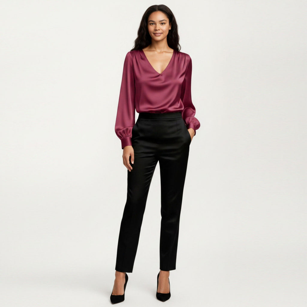 Anna-Kaci Women's Satin V-Neck Blouse with Long Balloon Sleeves and Wide Cuffs