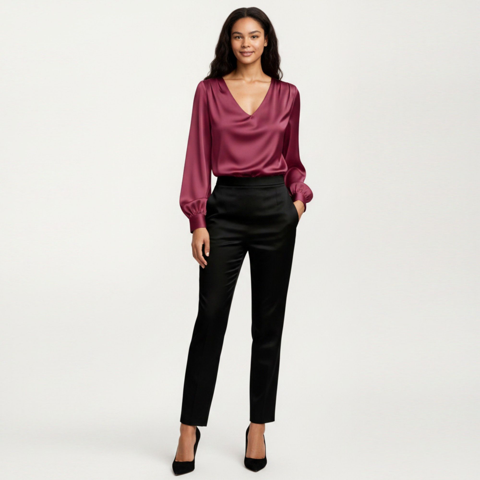 Anna-Kaci Women's Satin V-Neck Blouse with Long Balloon Sleeves and Wide Cuffs