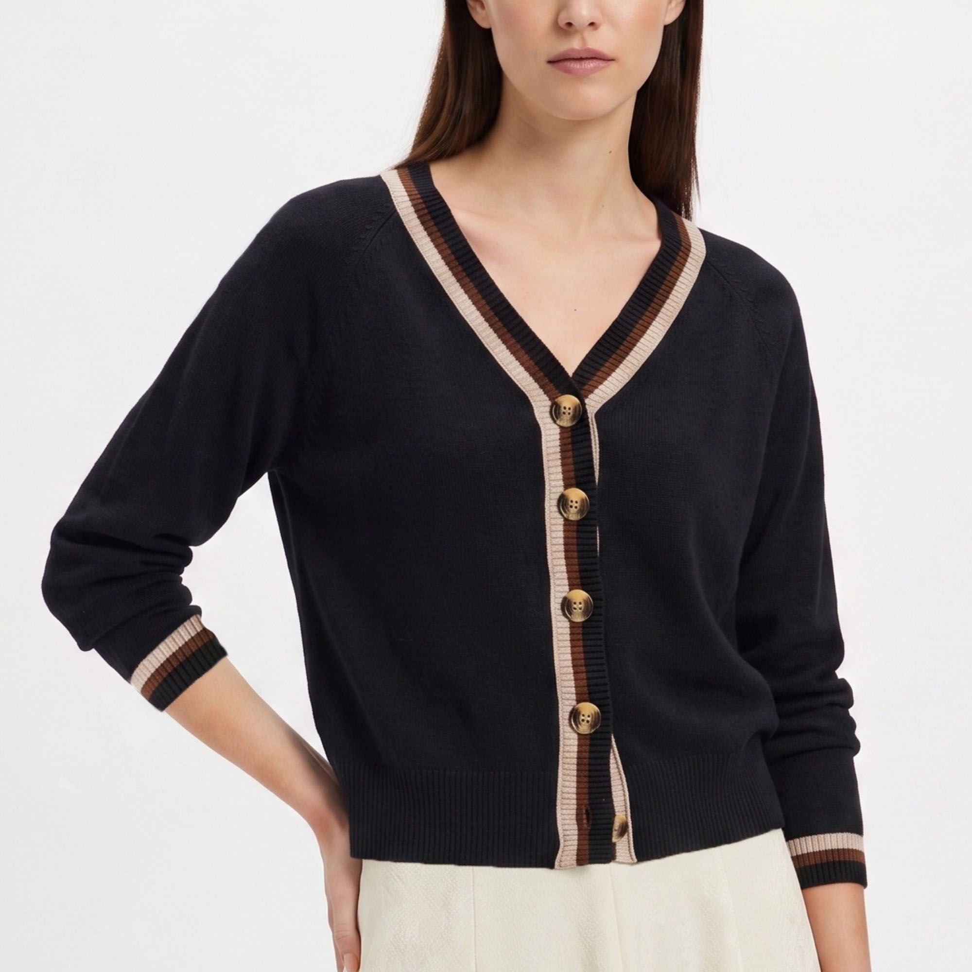 Contrast Stripe V-Neck Button-Front Knit Cardigan