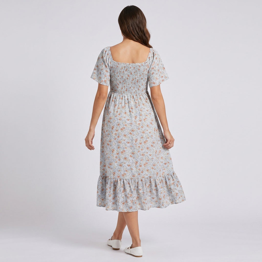 Maternity Floral Square Neck Midi Dress with Smocked Bodice and Flutter Sleeves