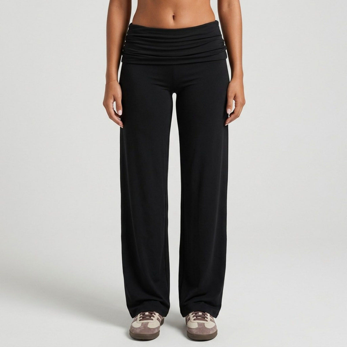 Foldover Waistband Full-Length Wide-Leg Trousers