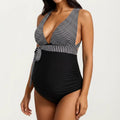 Anna-Kaci Swim Women's Maternity Striped One-Piece Swimsuit with Tie Waist and Deep V-Neckline