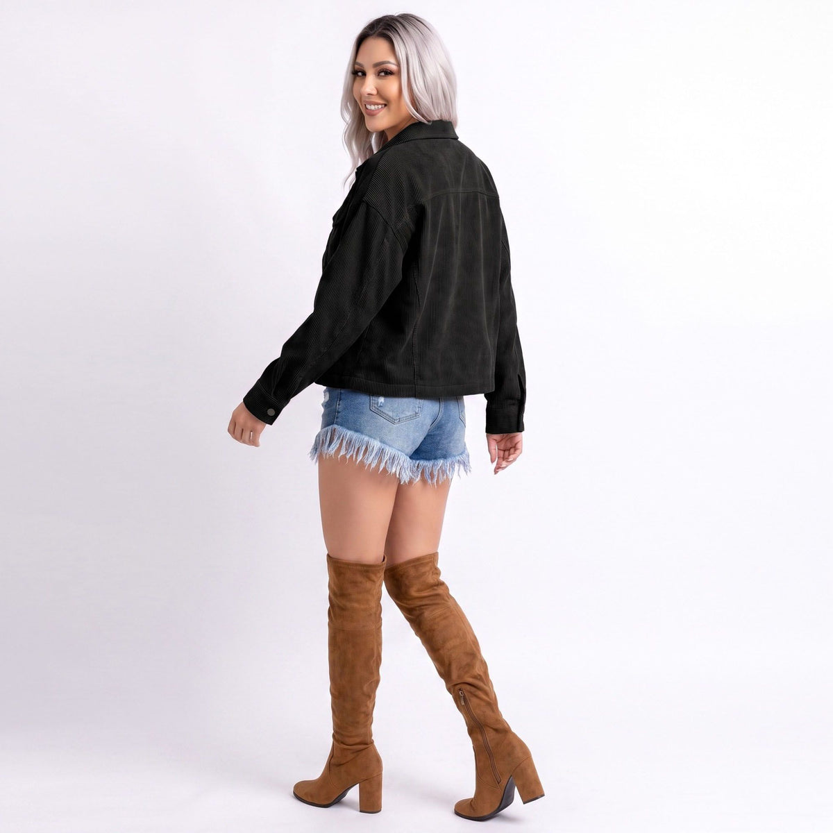 Cropped Button Front Shirt Jacket with Patch Pockets