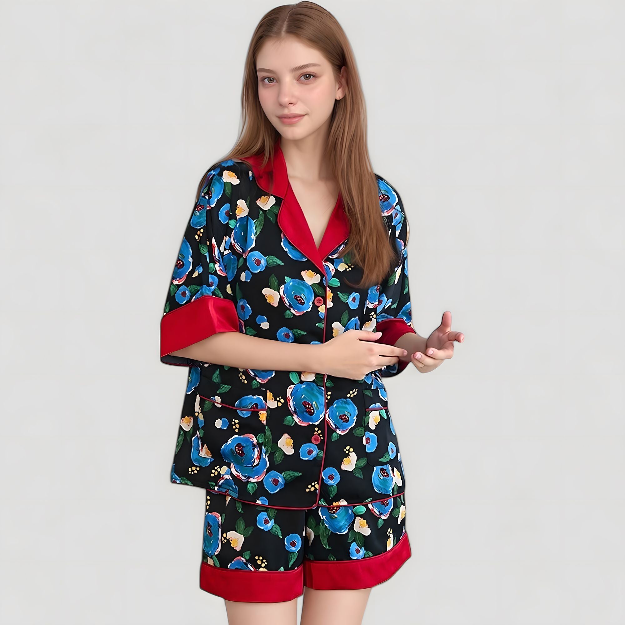 Anna-Kaci Lounge Women's Floral Print Pajama Set with Contrast Trim and Short Sleeve Button-Up Top
