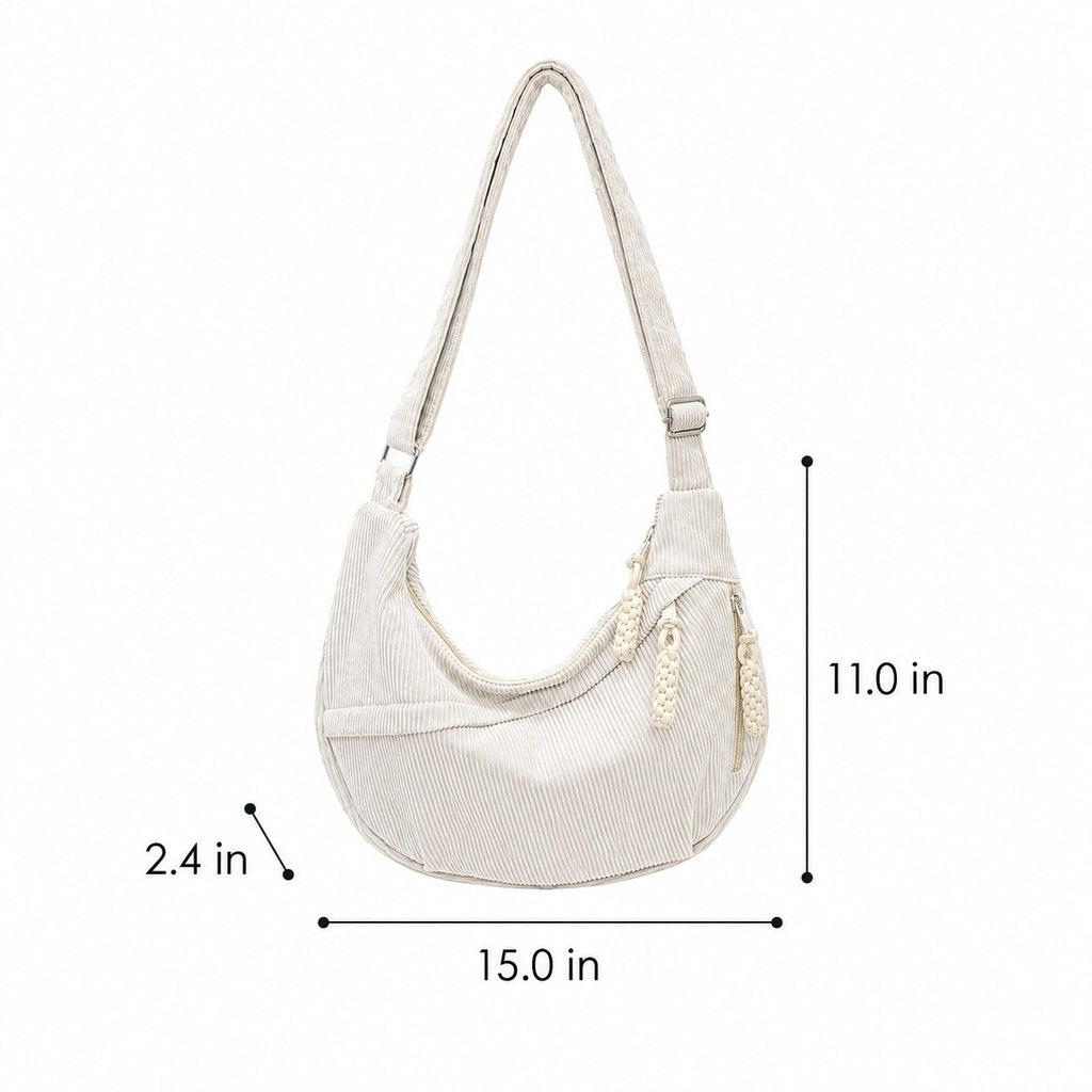 Corduroy Crescent Crossbody Bag with Adjustable Strap and Zip Pockets