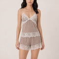 2-Piece Lace Trim Cami Top and Shorts Pajama Lounge Set with Mesh Dot Detail and Scalloped Hem