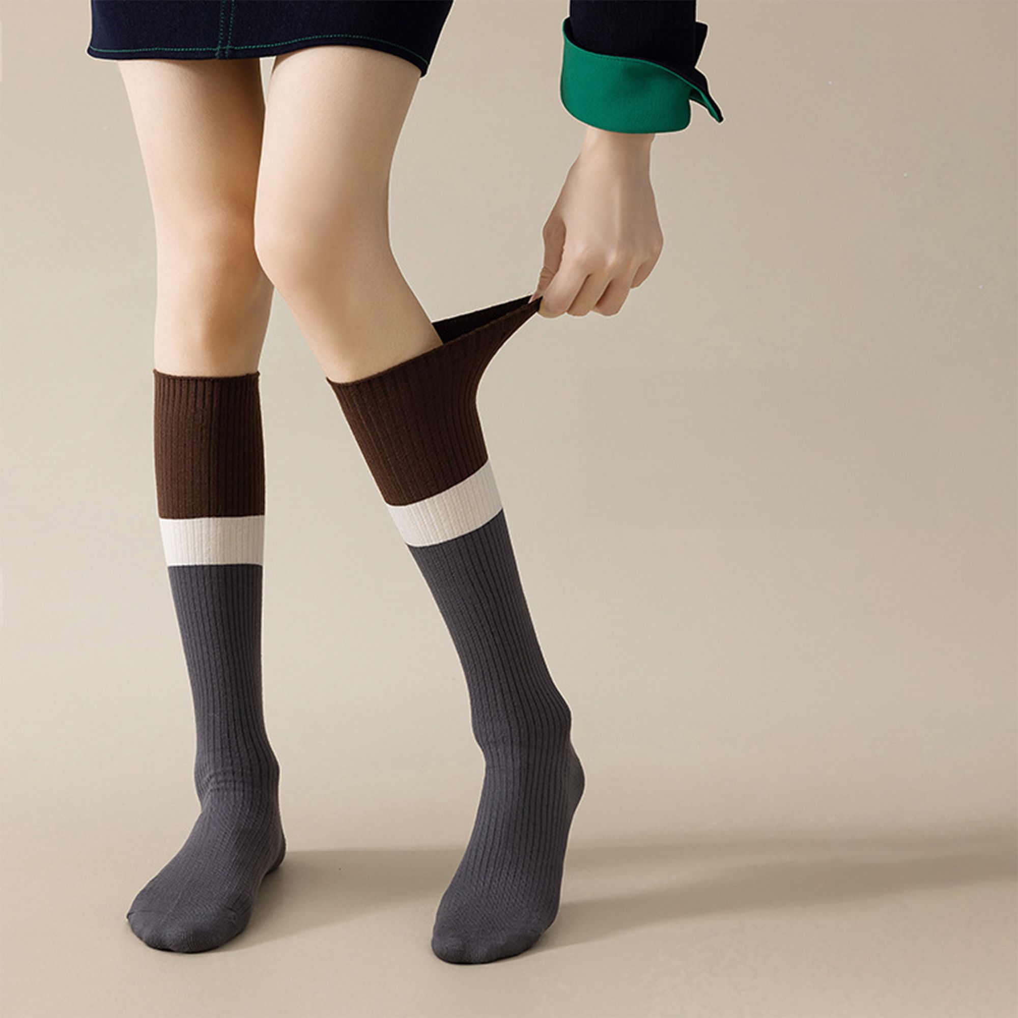 Anna-Kaci 2-Pair Colorblock Knee-High Ribbed Socks with Stretch Fit Design