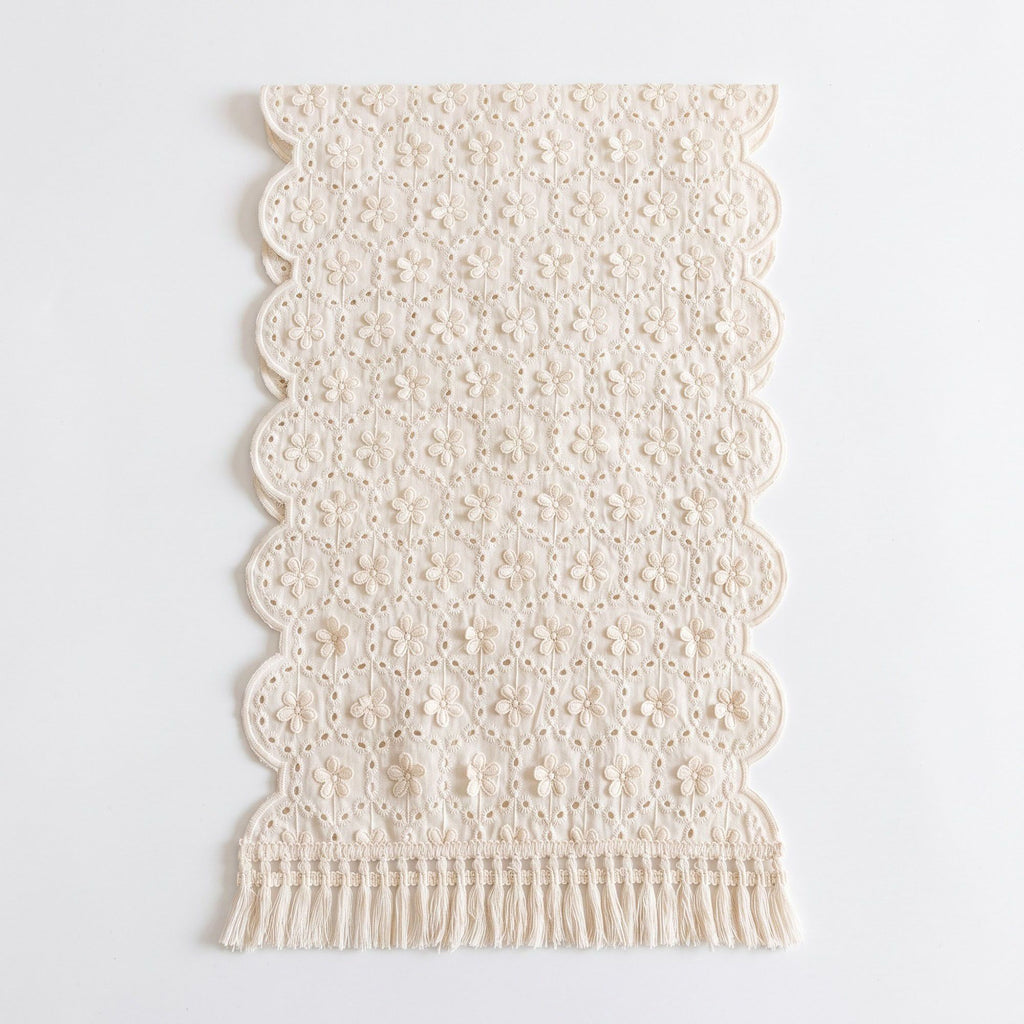 Ivory Floral Embroidered Table Runner with Fringe 13x47.2in