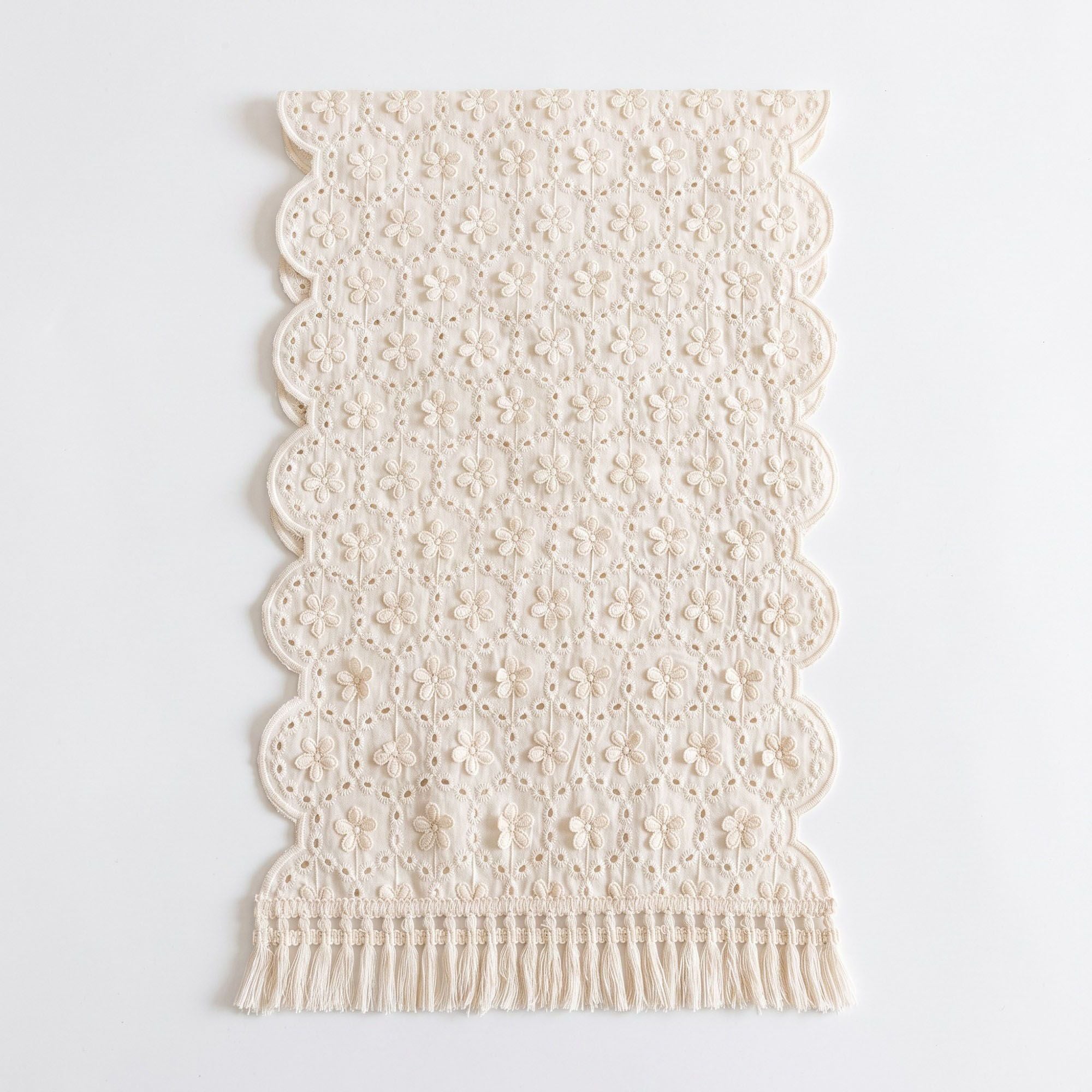 Ivory Floral Embroidered Table Runner with Fringe 13x47.2in