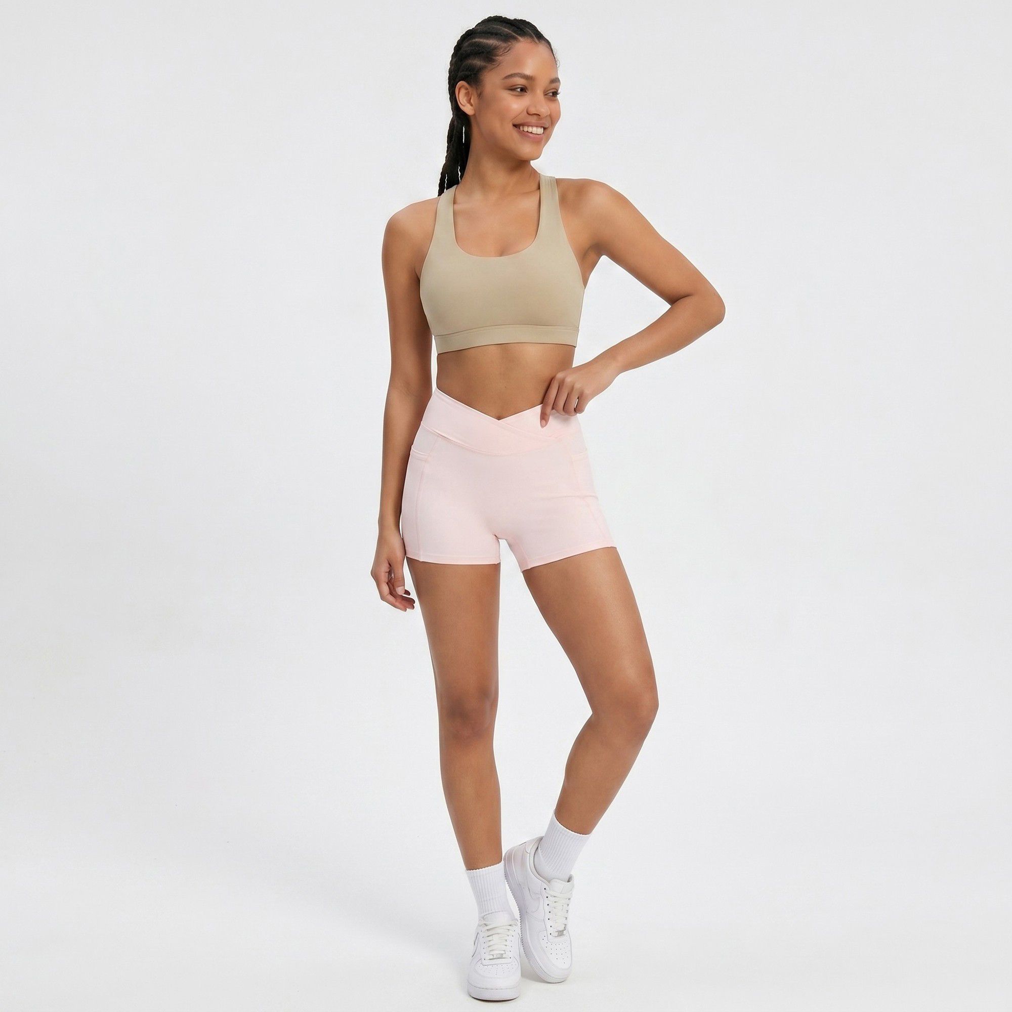 High Waist Crossover Waistband Pocket Workout Biker Shorts