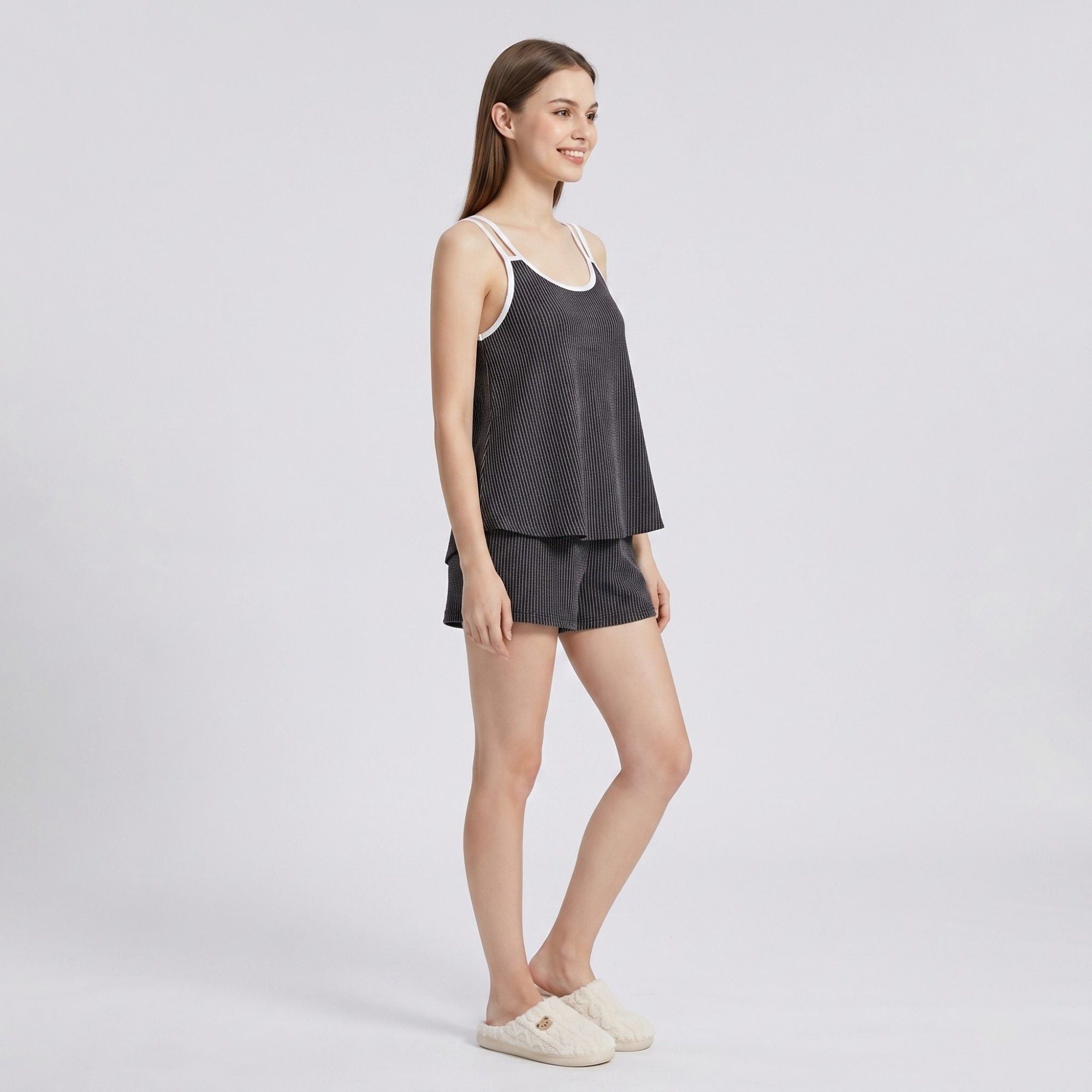Anna-Kaci Women's 2-Piece Set Waffle Knit Cami Top and Shorts with Contrast Trim Cross Back Straps