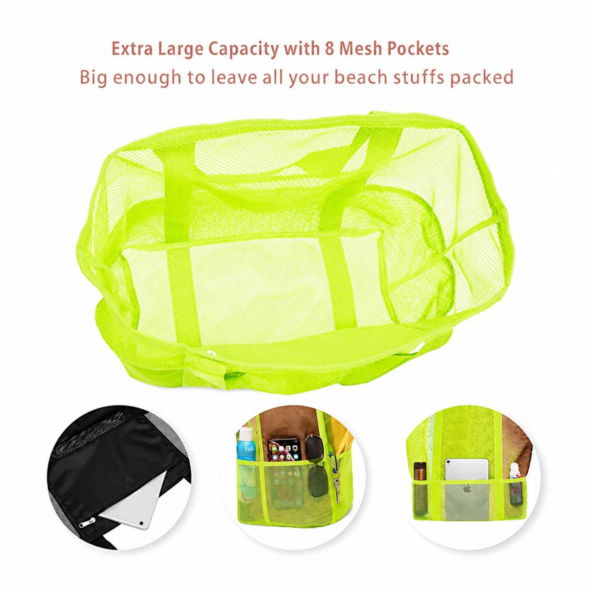 Mesh Beach Tote Bag Large Capacity Travel Shoulder Bag with Exterior Pockets Zipper Top Organizer