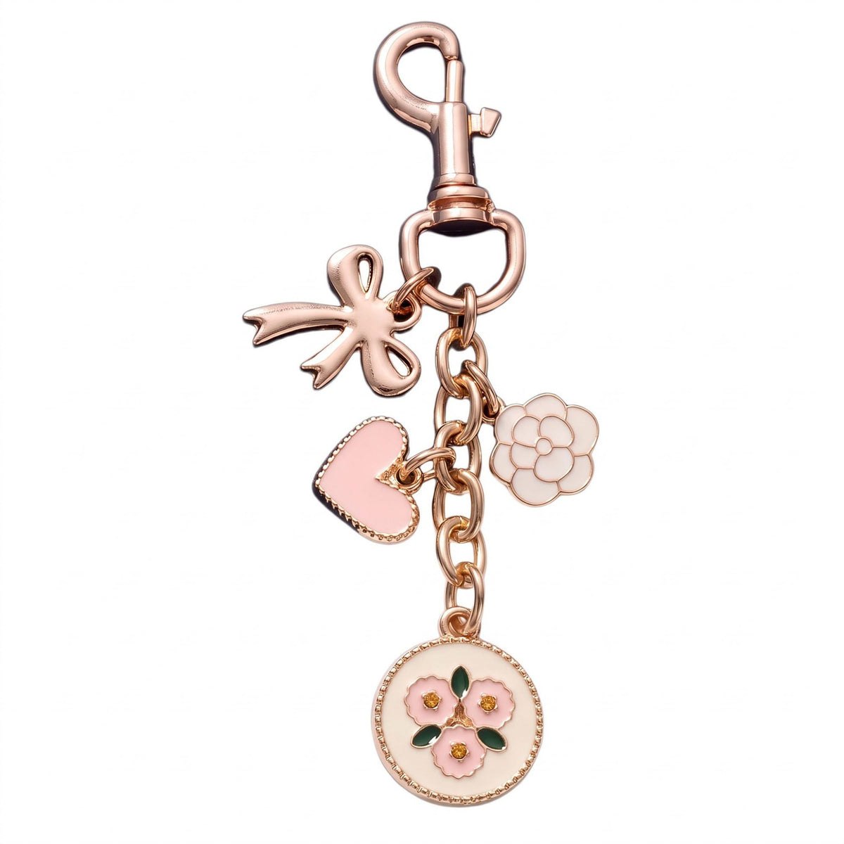 Floral Heart Bag Charm Keychain with Bow and Flower Pendants