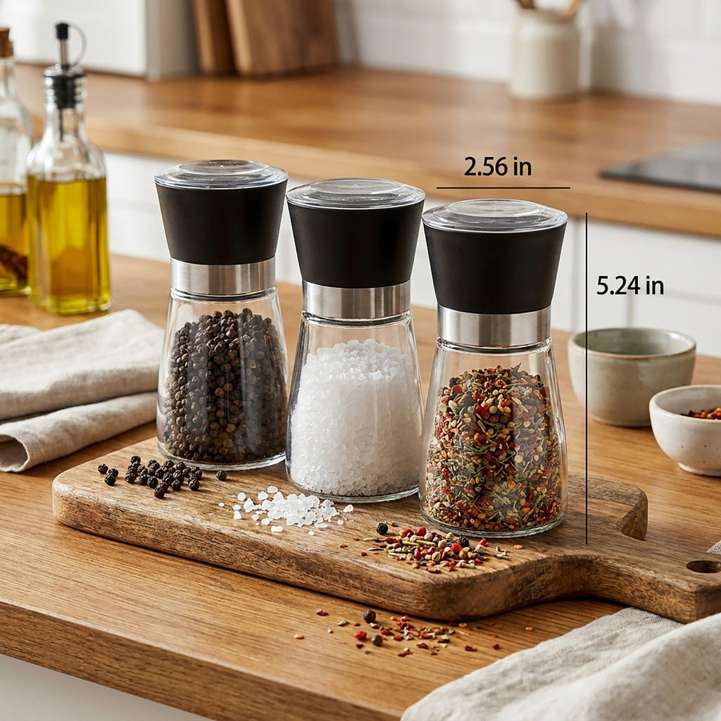 2-Piece Glass Salt and Pepper Grinder Set with Stainless Steel Accent