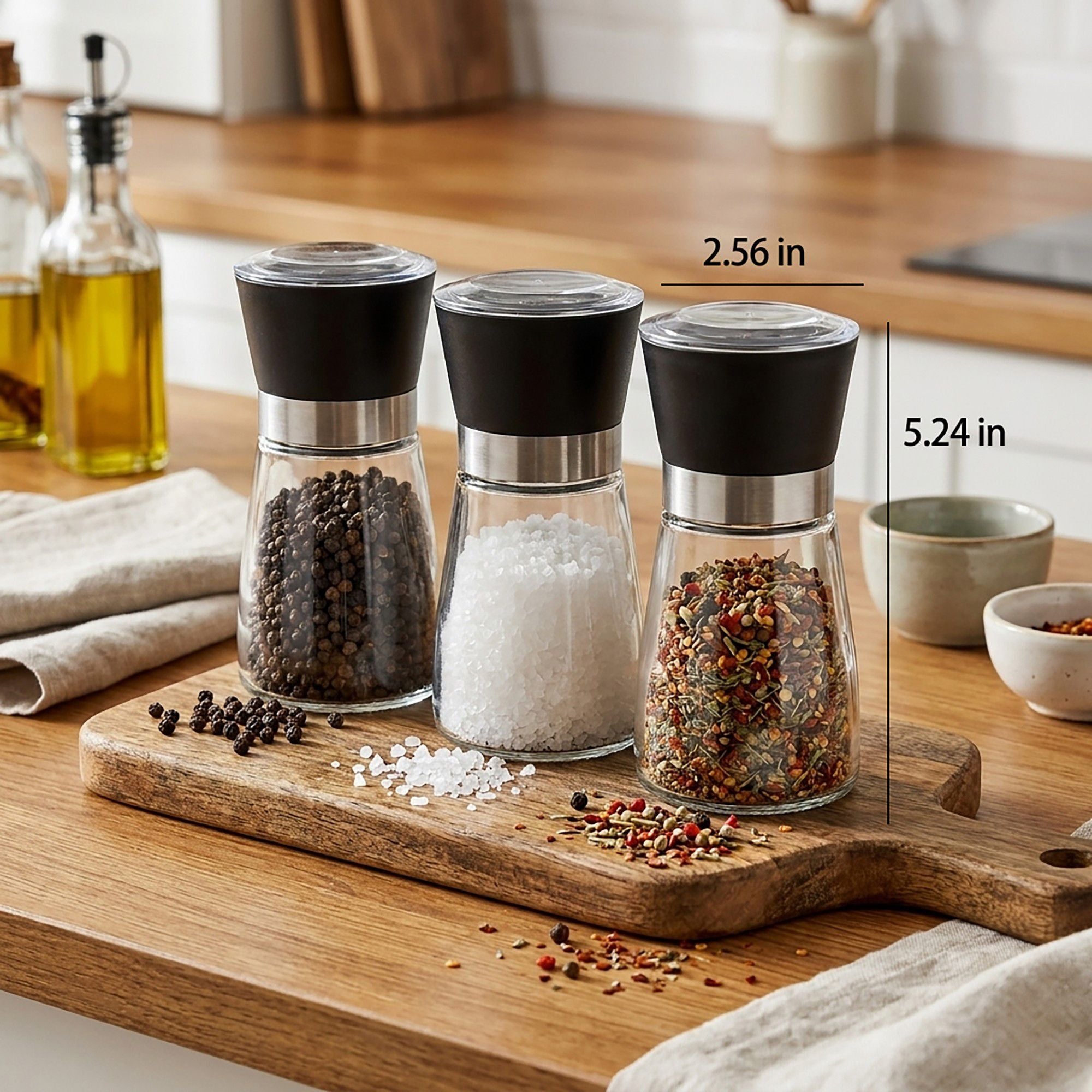 2-Piece Glass Salt and Pepper Grinder Set with Stainless Steel Accent