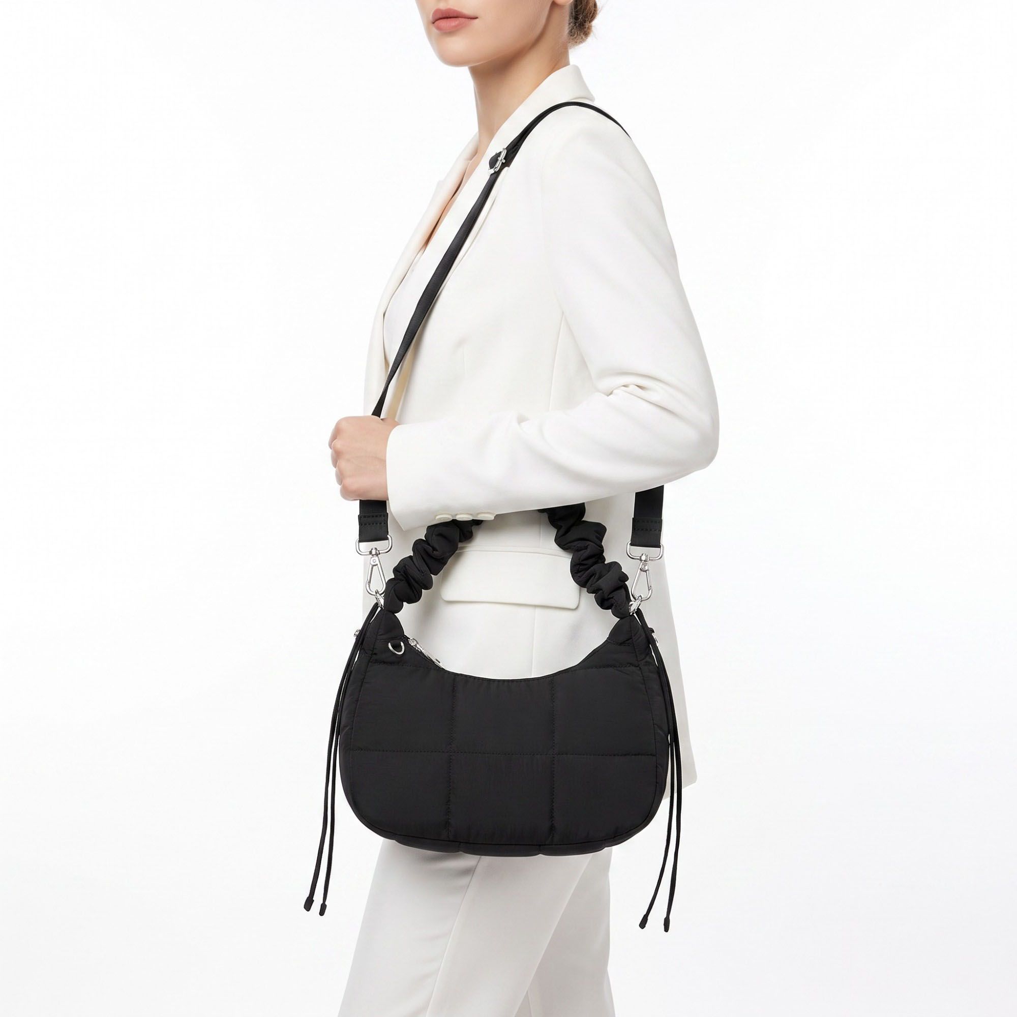 Quilted Crescent Shoulder Bag with Ruched Handle and Detachable Crossbody Strap 10.5x4x6in