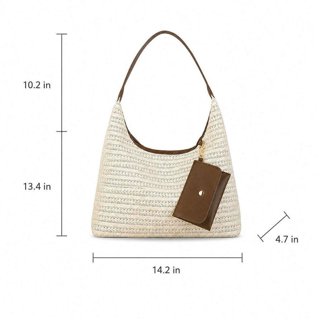 Woven Straw Shoulder Bag Hobo Handbag with Removable Pouch and Magnetic Closure