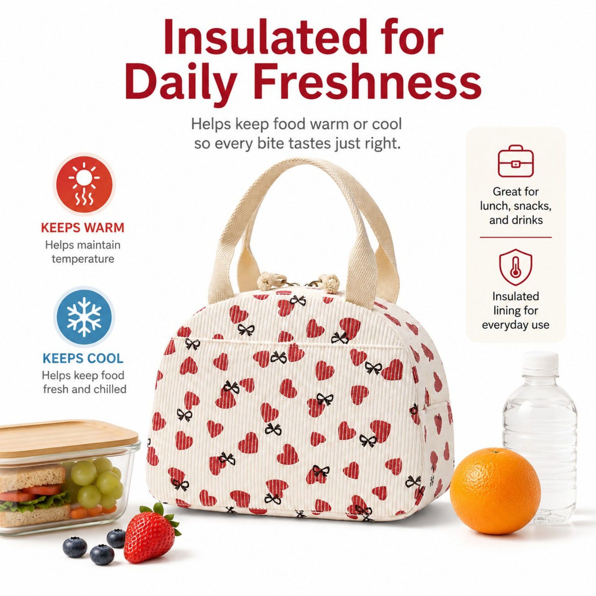 Heart Print Corduroy Insulated Lunch Bag with Handles and Zip Closure