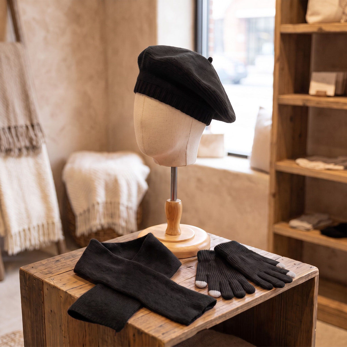 3 Piece Beret Scarf and Touchscreen Gloves Winter Set