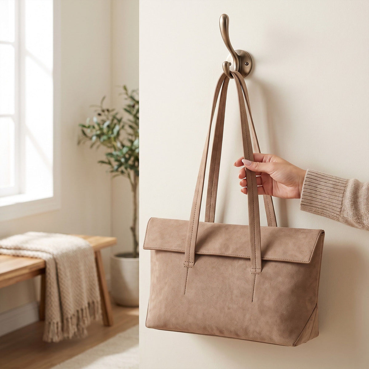 Large Shoulder Tote Bag with Foldover Flap and Interior Pockets