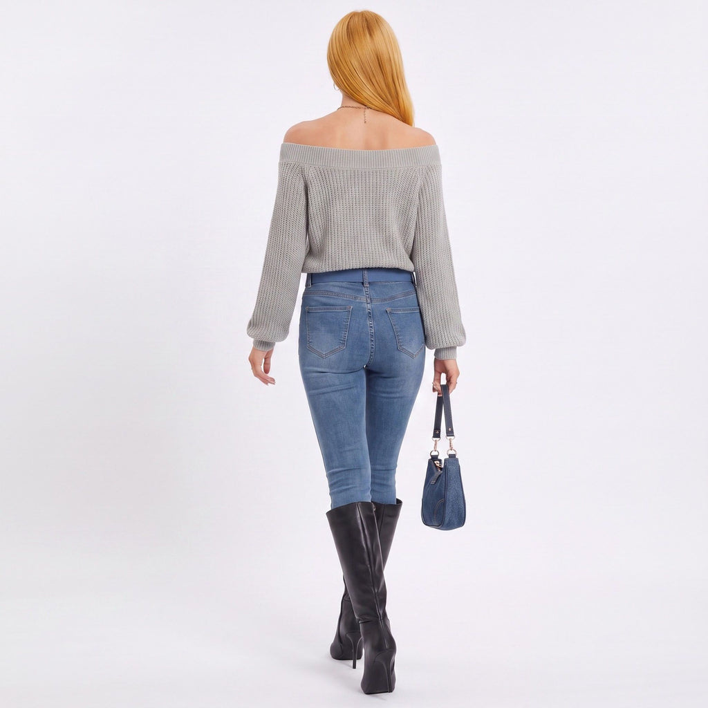 Off Shoulder Pointelle Knit Long Sleeve Sweater