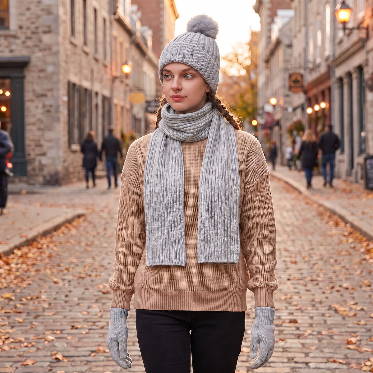 3 Piece Pom Beanie Scarf and Touchscreen Gloves Winter Set