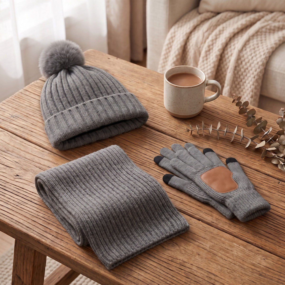 3 Piece Pom Beanie Scarf and Touchscreen Gloves Winter Set