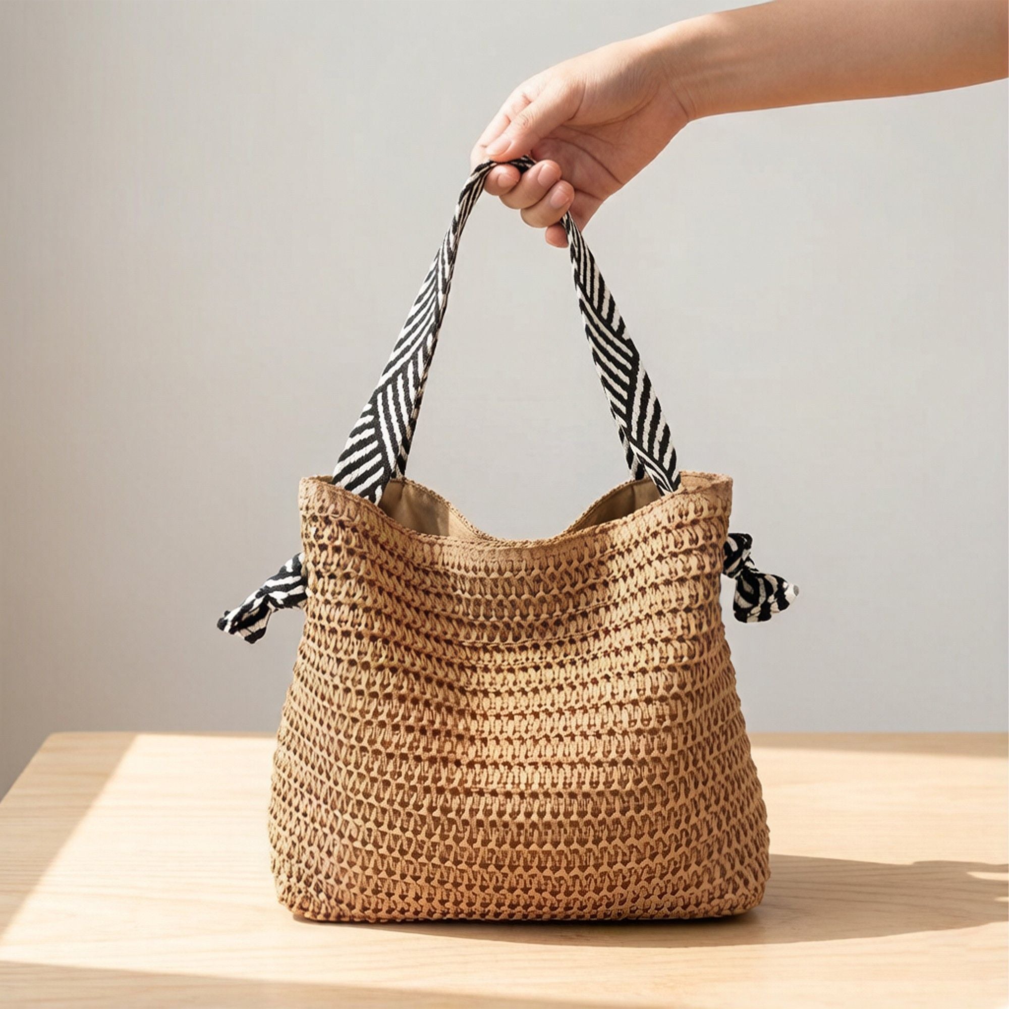 Woven Crochet Tote Bag with Drawstring Detail and Pattern Strap Shoulder Handbag Lightweight Knit Bag