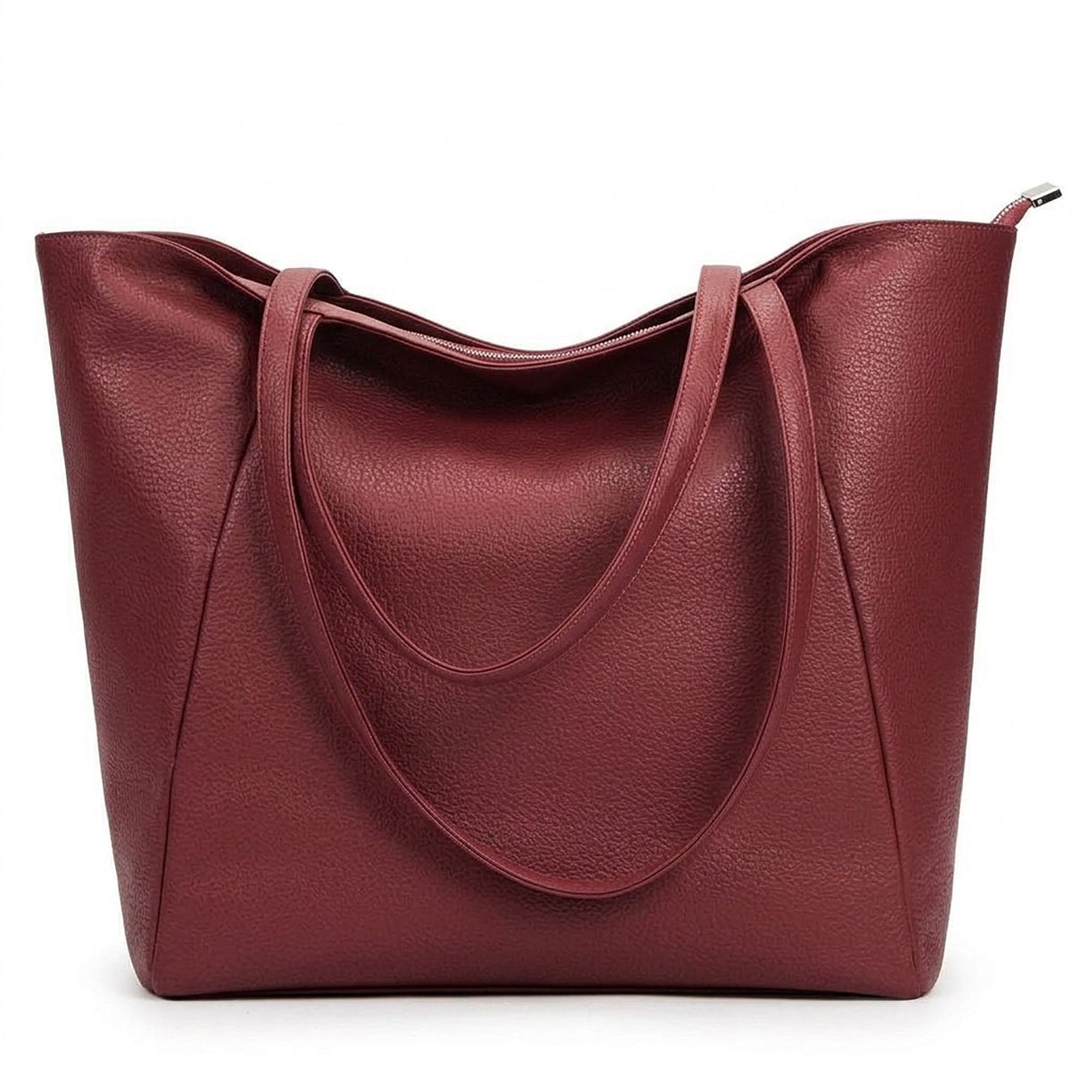 Large Faux Leather Zip Top Tote Bag with Double Shoulder Straps