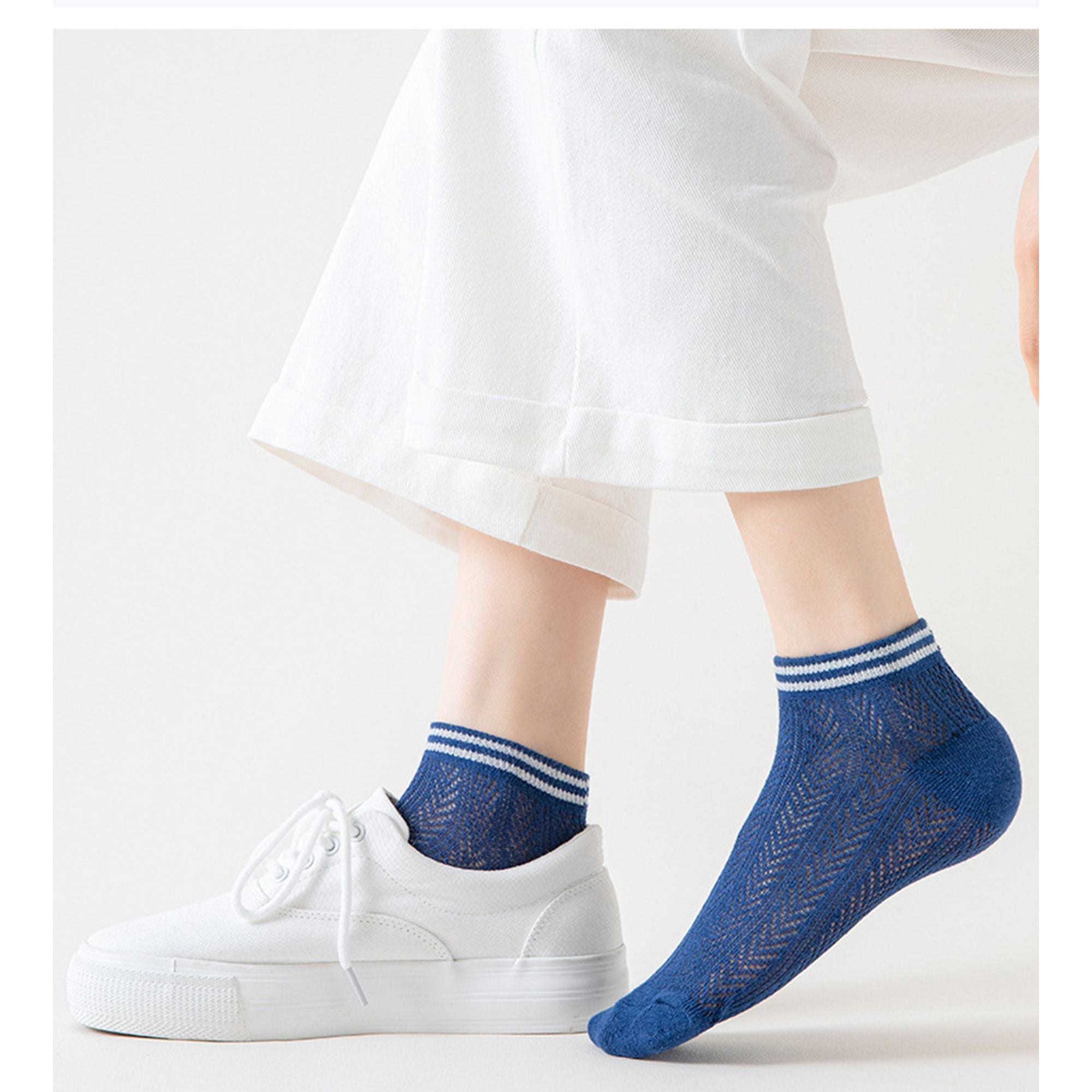 Anna-Kaci Women's 4-Pair Pack Lightweight Mesh Ankle Socks with Striped Cuffs Breathable Knit Texture