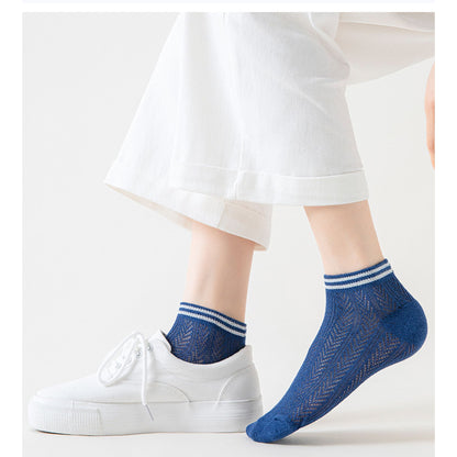 Anna-Kaci Women's 4-Pair Pack Lightweight Mesh Ankle Socks with Striped Cuffs Breathable Knit Texture