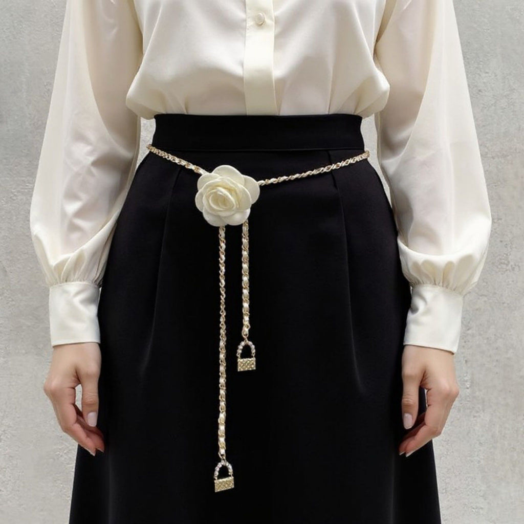 Anna-Kaci Women's Rose Flower Chain Belt with Hanging Lock Charms and Adjustable Drape Design 45.5in
