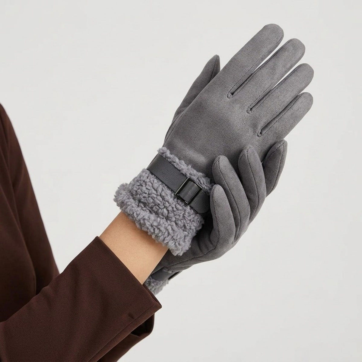Faux Suede Gloves with Plush Faux Fur Cuffs and Buckle Detail
