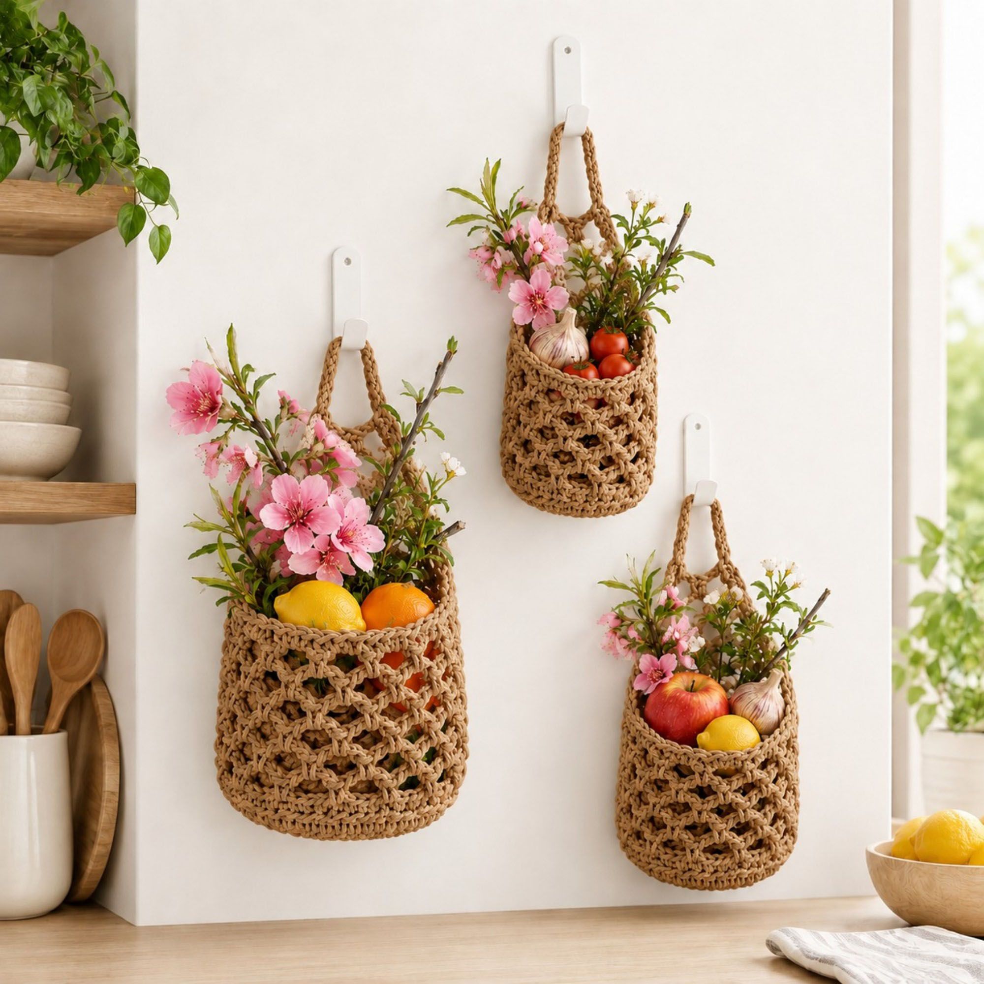 Woven Hanging Basket Set for Fruit Produce and Wall Storage