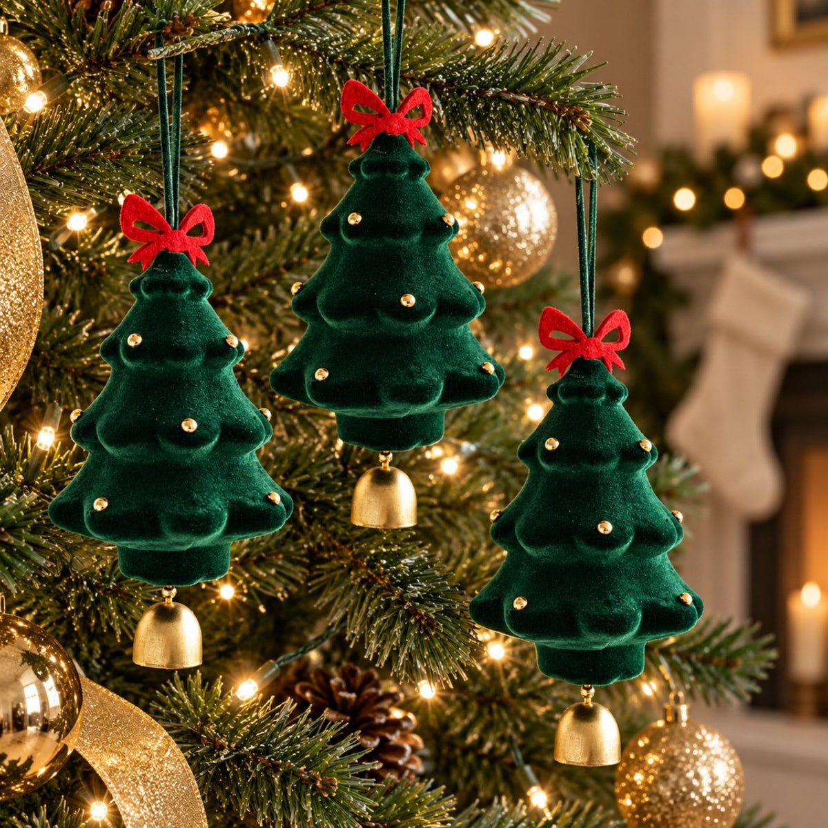 3 Pack Christmas Tree Ornaments with Bow and Bell Hanging Holiday Decorations
